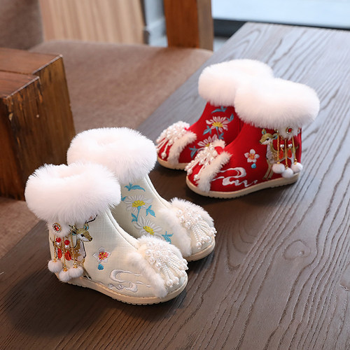 冬季加厚女童汉服鞋配拜年服女童鞋中国风红色儿童绣花鞋保暖棉鞋
