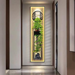 玄关装饰画窄细长条新中式迎客松入户门竖版挂画走廊过道带灯壁画