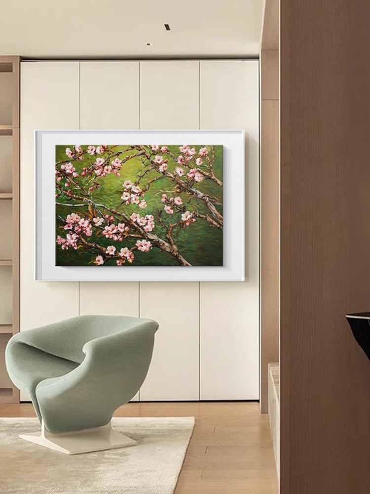 欧式覆古客厅装饰画高级绿色沙发背景墙壁画桃枝桃花卧室横幅挂画