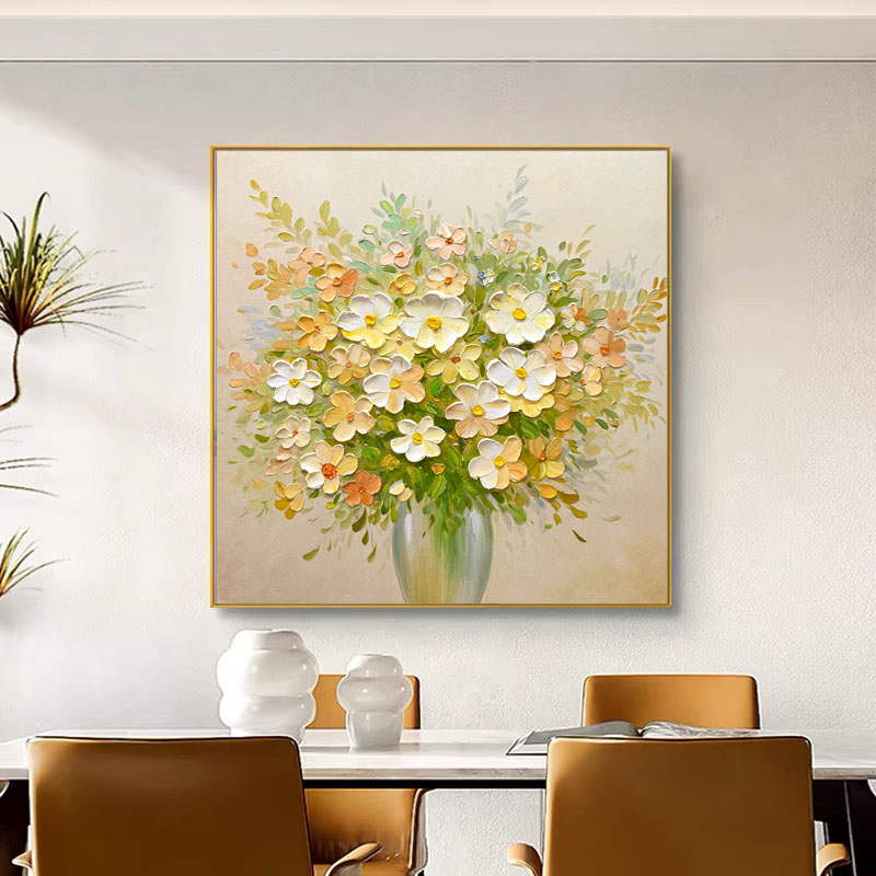 奶油风餐厅花卉挂画北欧轻奢卧室床头墙壁画现代客厅正方形装饰画图片