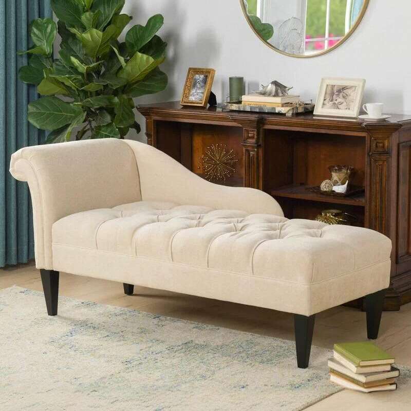 法式布艺拉扣贵妃沙发北欧轻奢简约贵妃椅休闲椅绒布奶油白样板房