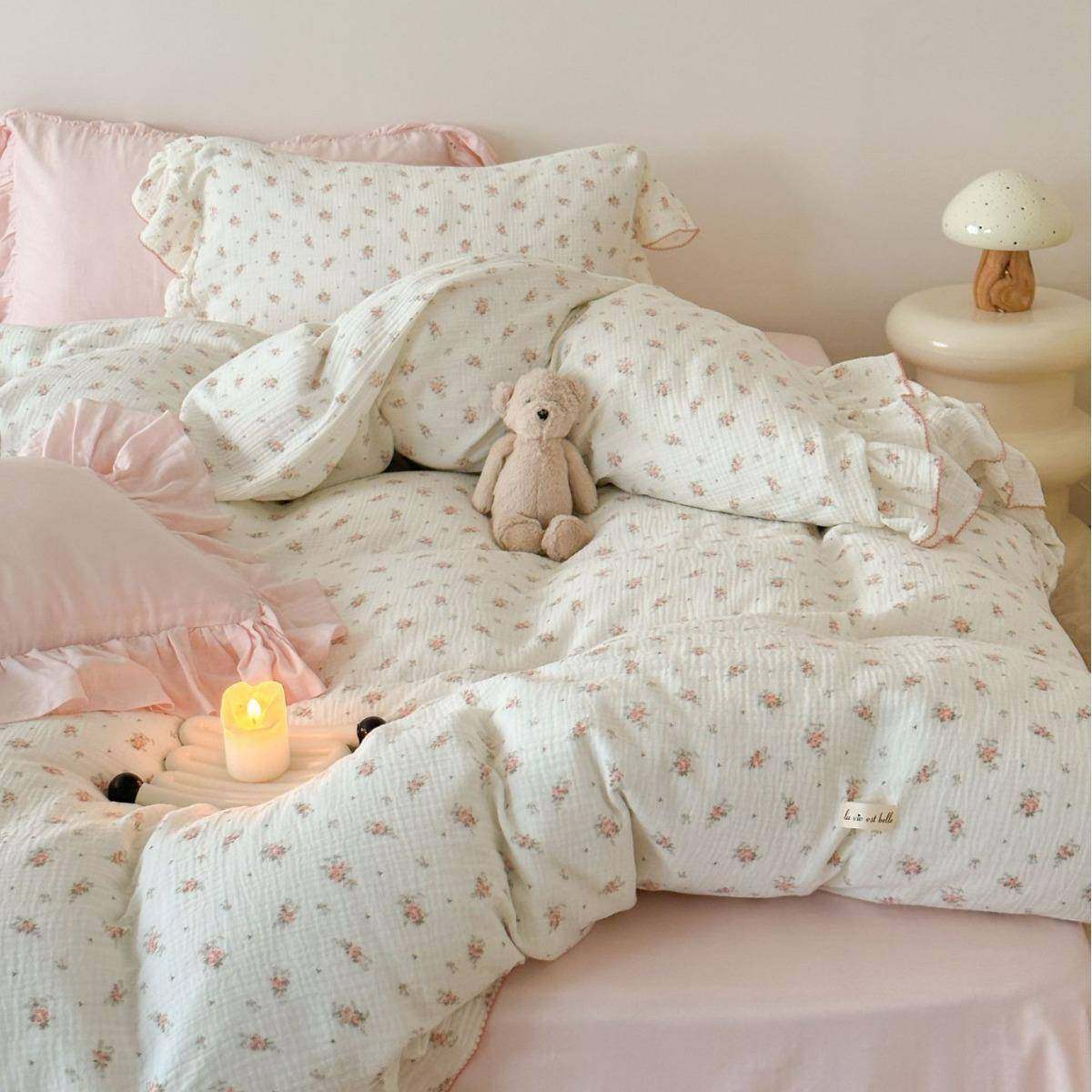 清新婴儿级绉纱双层纱碎花荷叶边春夏秋柔软被套床单三四件套