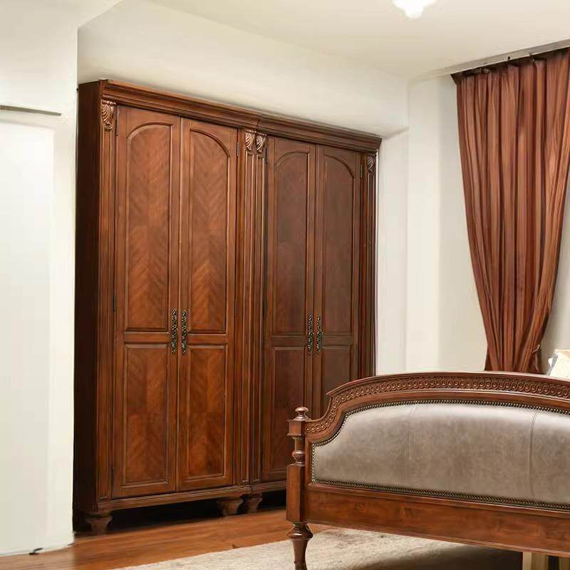 美式实木衣柜中古风复古卧室雕花拼花三门四门大衣橱全实木大衣柜