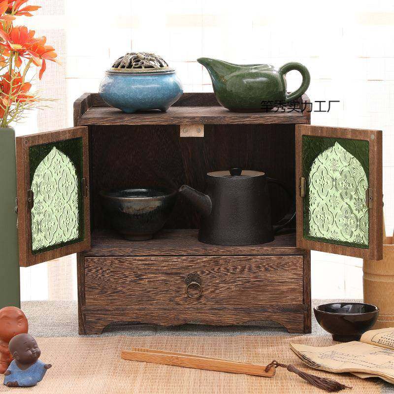 中式收纳柜实木桌面办公茶具收纳抽屉复古防尘茶室储物柜海棠玻璃