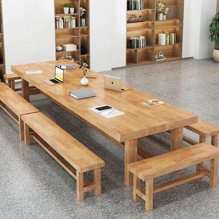 简约loft长方形实木会议桌椅组合图书馆长桌北欧原木教工食堂饭桌