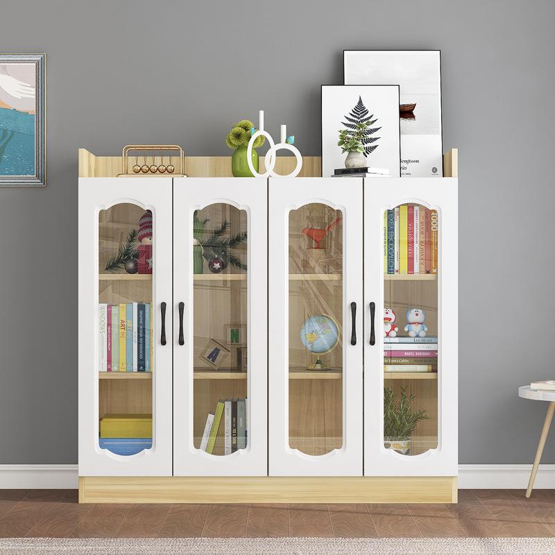 实木书柜书架落地收纳柜一体书橱防尘储物柜带玻璃门儿童置物简约