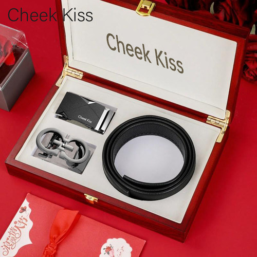 Cheek kiss男士皮带礼物商务高级自动扣头层牛皮荔枝纹实木礼盒装