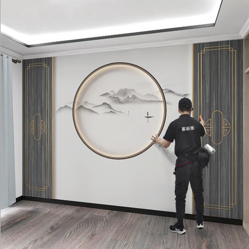 水墨山水意境卧室电视背景墙壁纸餐厅茶室采耳艺店仿边框装修壁画