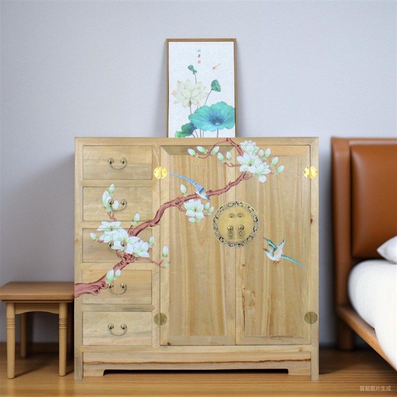 新中式香樟木小衣柜田园彩绘两门储物矮橱柜儿童卧室实木家具整体