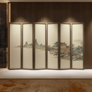 屏风折叠移动隔断客厅装 新中式 饰办公室酒店实木卧室遮挡山水折屏