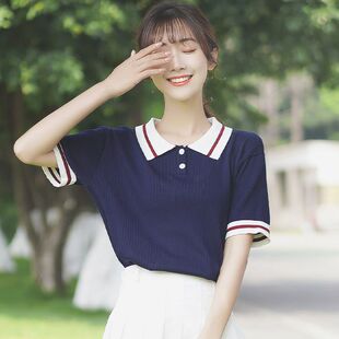 2026夏新款条纹polo领冰丝针织衫短袖韩版女学院风修身t恤上衣