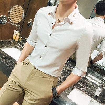 夏季定制理发店发型师KTV服务员工作服男士七分袖中袖衬衫衬衣潮