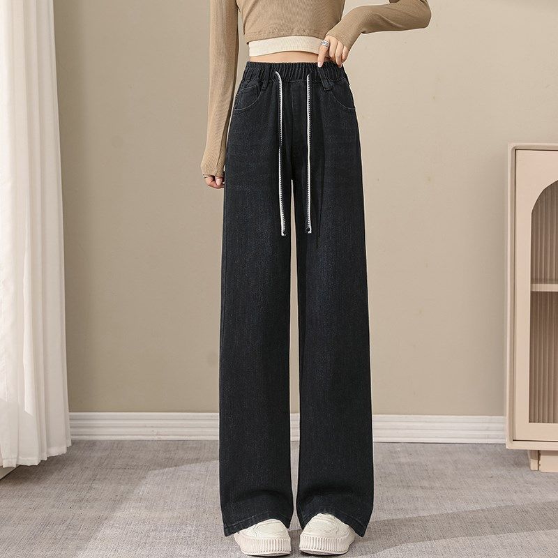 黑色松紧腰阔腿牛仔裤女2025新款高腰显瘦初高中学生直筒休闲长裤