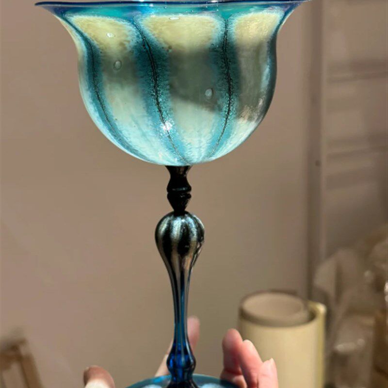 绝美透光高脚杯红酒杯复古中古风酒杯小众简约色彩高脚杯子