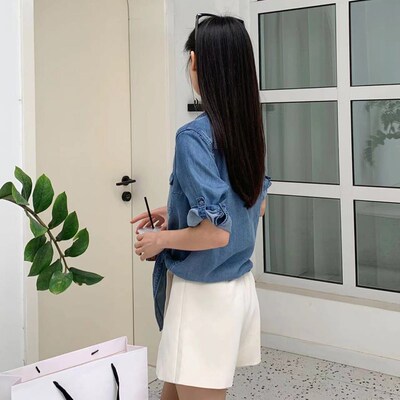 柔软夏季新款下摆打结兰精天丝牛仔短袖衬衫女短款休闲气质小披肩