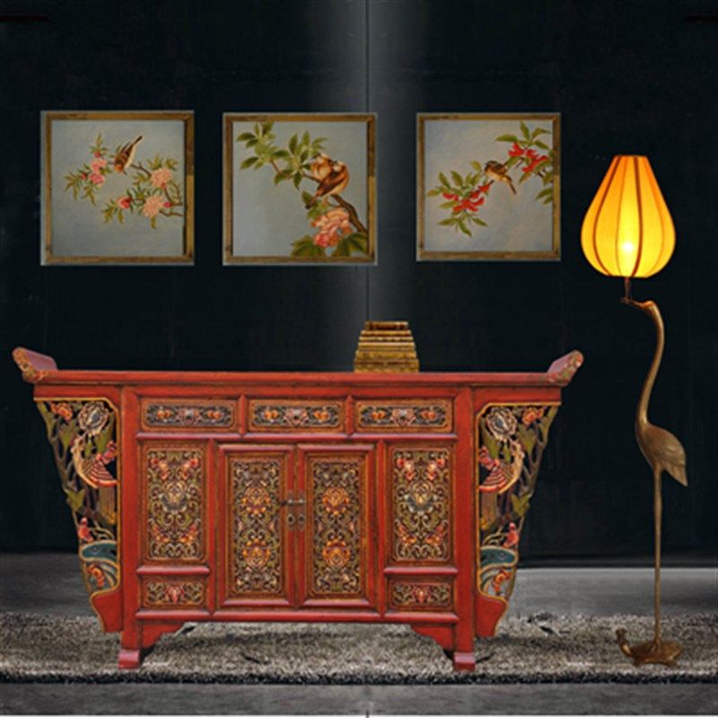 条案藏式新中式古典彩绘雕花做旧隔断柜  翘头供桌玄关柜极美家具