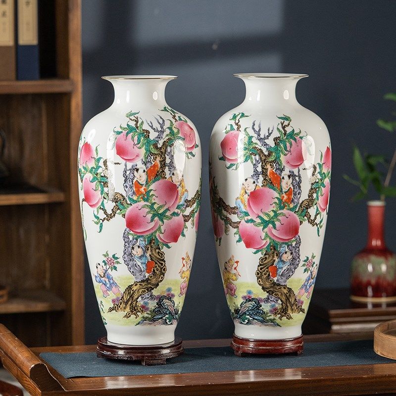 景德镇陶瓷高端大号花瓶九桃对瓶家居客厅电视柜中式插花装饰摆件,家居饰品,花瓶,淘宝优惠券,粉丝福利购,淘宝优惠卷