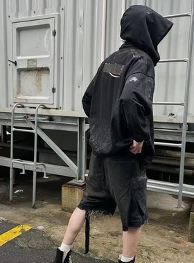 RO原标水洗烟灰色渐变多口袋工装直筒抽绳五分休闲短裤毛边牛仔裤