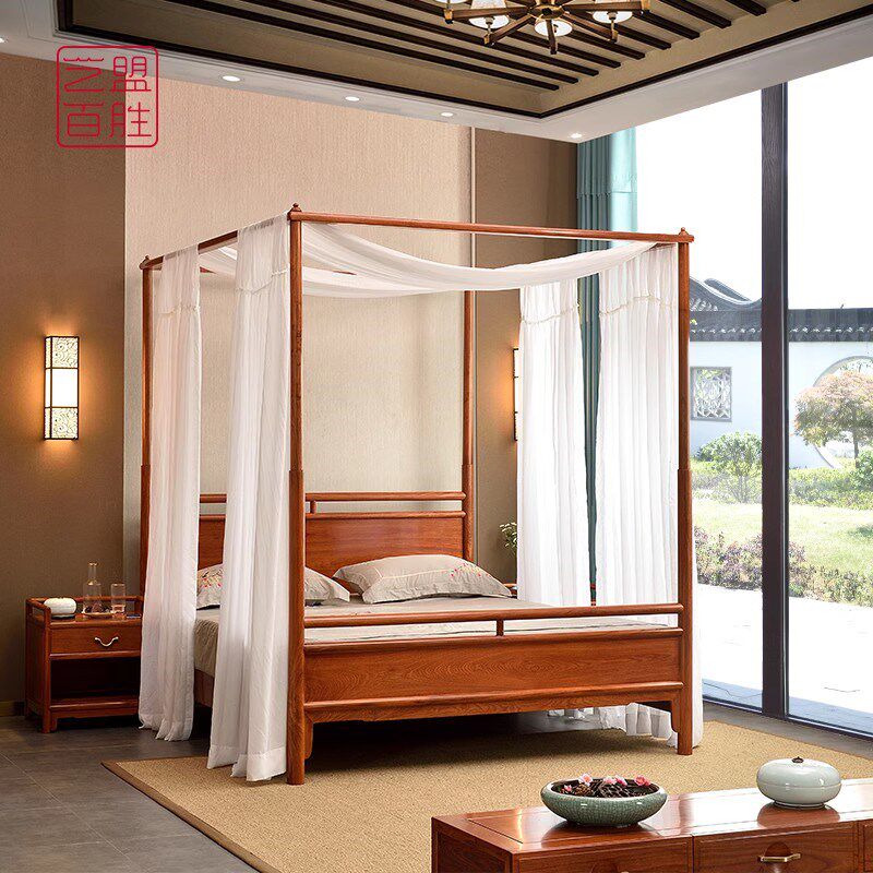 新中式实木架子床古代禅意双人床古典四柱床仿古拔步床婚床民宿床