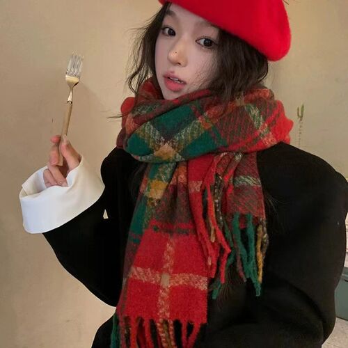 新年围巾女2024新款秋冬季红色格子高级氛围感耶诞针织加厚保暖