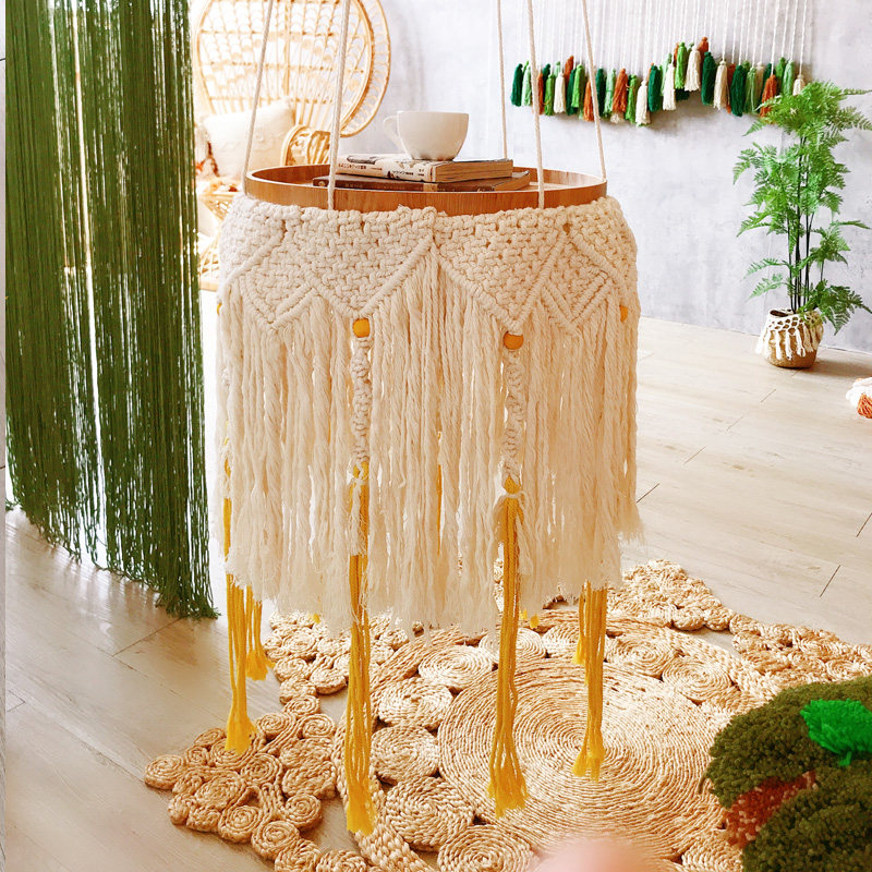 北欧手工编织民宿收纳流苏边桌床头柜置物架空中吊饰茶几 艺术桌