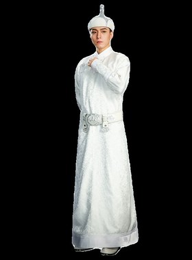 新款男士时尚拍照蒙古袍婚礼新郎伴郎父母敬酒舞蹈演出服银白色