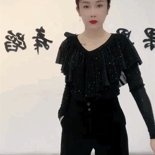 闪亮修身弹力蕾丝T恤小衫女气质荷叶边长袖打底衫v领黑色上衣T恤