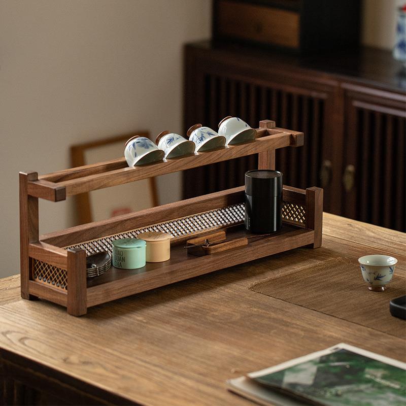 黑胡桃茶杯架子茶具茶壶紫砂壶收纳架中式多宝阁桌面小博古架