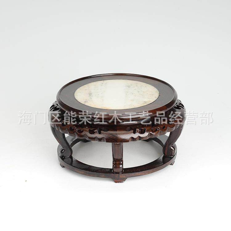 黑檀嵌大理石圆底座实木中式工艺品摆件奇石头花瓶底座木质托架