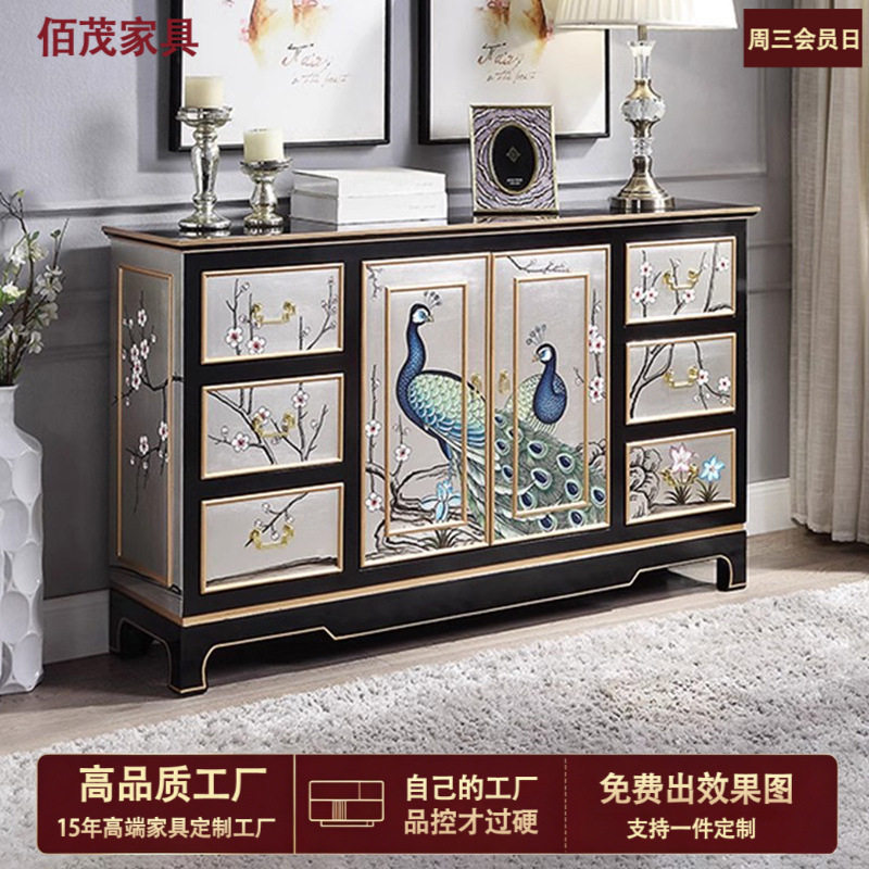 美式玄关柜入户进门厅柜新中式彩绘孔雀艺术装饰隔断柜储物餐边柜