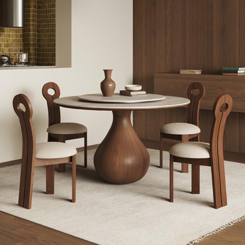 中古风洞石岩板实木圆餐桌椅组合家用小户型餐厅黑胡桃复古风饭桌