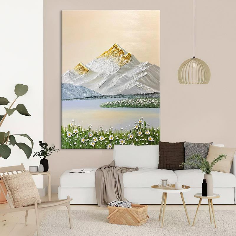 日照金山砂岩肌理画玄关山水手绘油画客厅湖边花卉装饰画抽象挂画