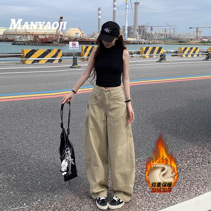 卡其色大口袋宽松阔腿牛仔裤女