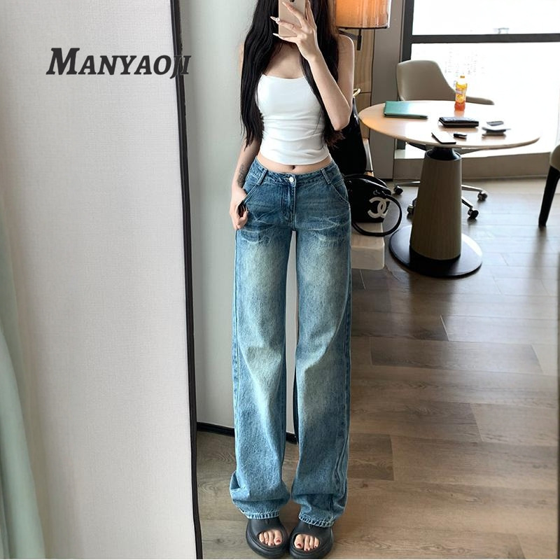 低腰窄版直筒牛仔裤女