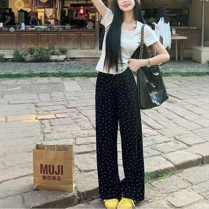 韩版黑色小碎花直筒牛仔裤女2025年夏季新款高腰显高显瘦阔腿长裤