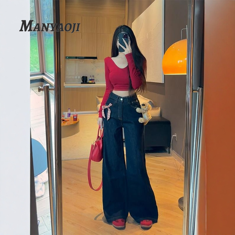 小熊挂件高腰阔腿裤长裤