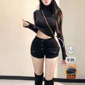 高腰紧身显瘦包臀热裤 黑色性感辣妹丰胯加绒牛仔短裤 女2026年冬季