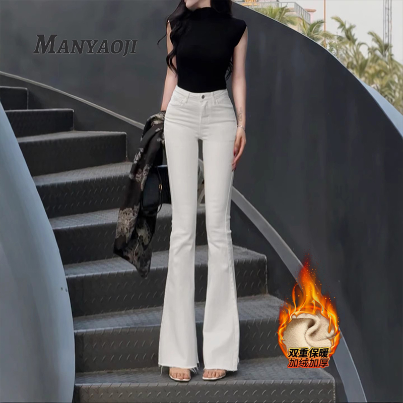 辣妹毛边单扣高腰弹力紧身牛仔裤