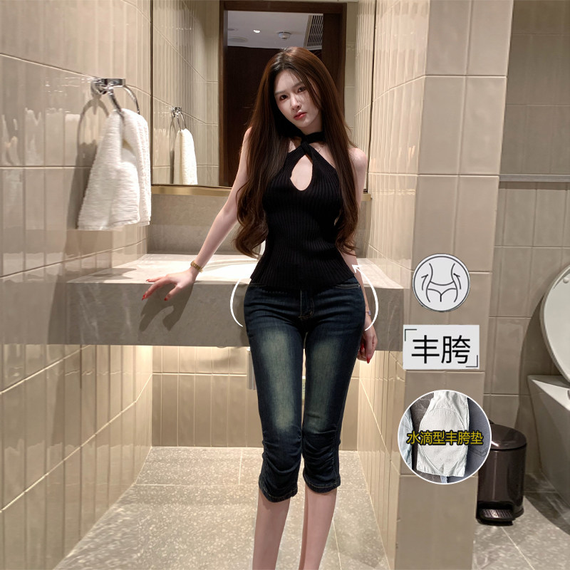 古早感卡普里牛仔风紧身七分裤牛仔裤女2026夏季新款丰胯弹力中裤 - 实物图