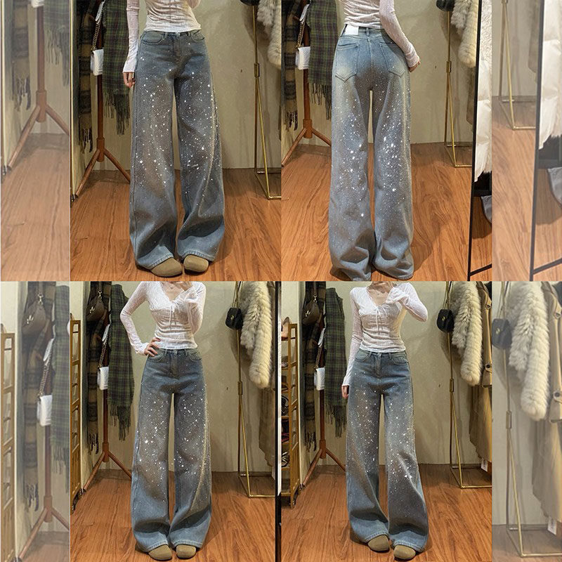 流光碎钻爆闪阔腿牛仔裤女2026春季新款高腰宽松显瘦慵懒堆堆长裤