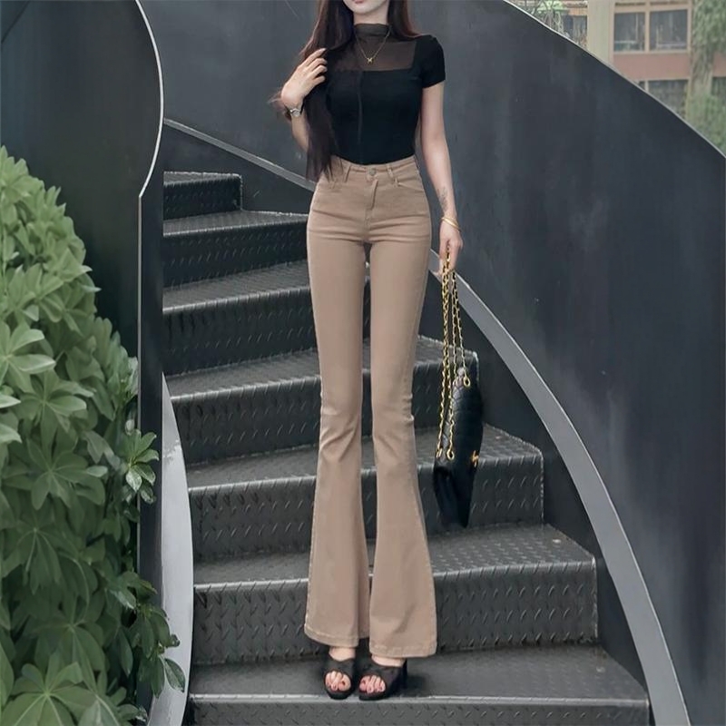 卡其色百搭弹力微喇牛仔裤女2025年夏季新款高腰显高显瘦喇叭长裤