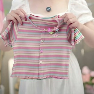 百搭现货 女童针织宝宝开衫 时尚 洋气纯棉夏季 条纹女宝T恤小童薄款