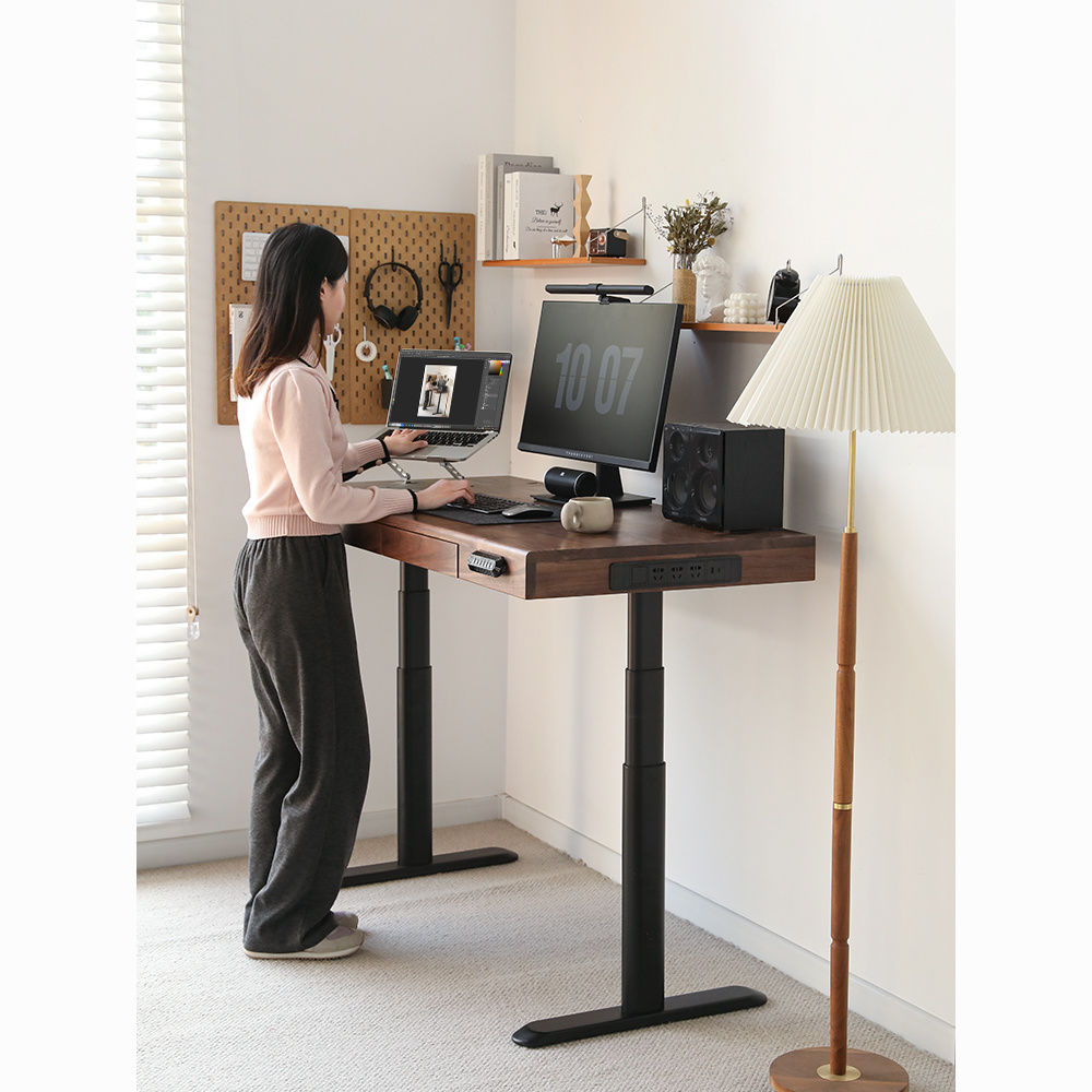 黑胡桃木电动升降桌实木自动升降书桌定制智能电脑桌办公桌带插座