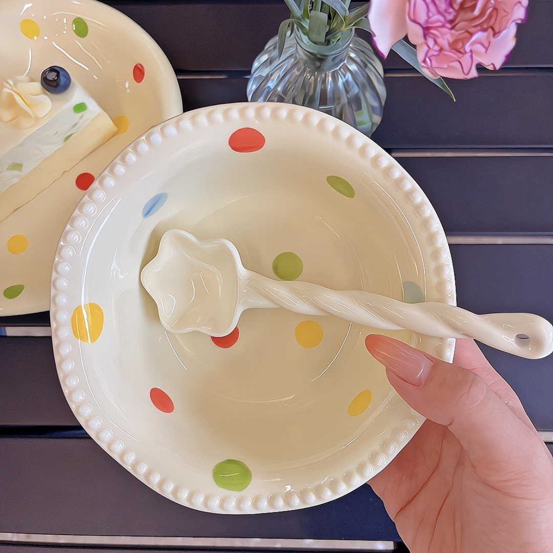 缤纷珠点碗+麻花勺2件套奶油风面碗沙拉碗釉下彩陶瓷甜品碗