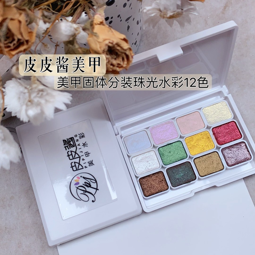 皮皮酱美甲-珠光固体固态分装水彩颜料12色彩绘