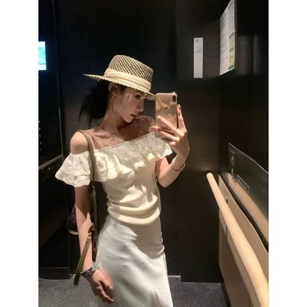 法式荷叶边一字肩上衣女夏季2025新款设计感修身显瘦气质别致小衫