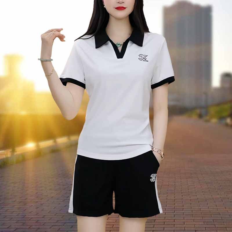 Polo衫休闲运动套装女夏2025年新款时尚显瘦撞色短袖五分裤两件套