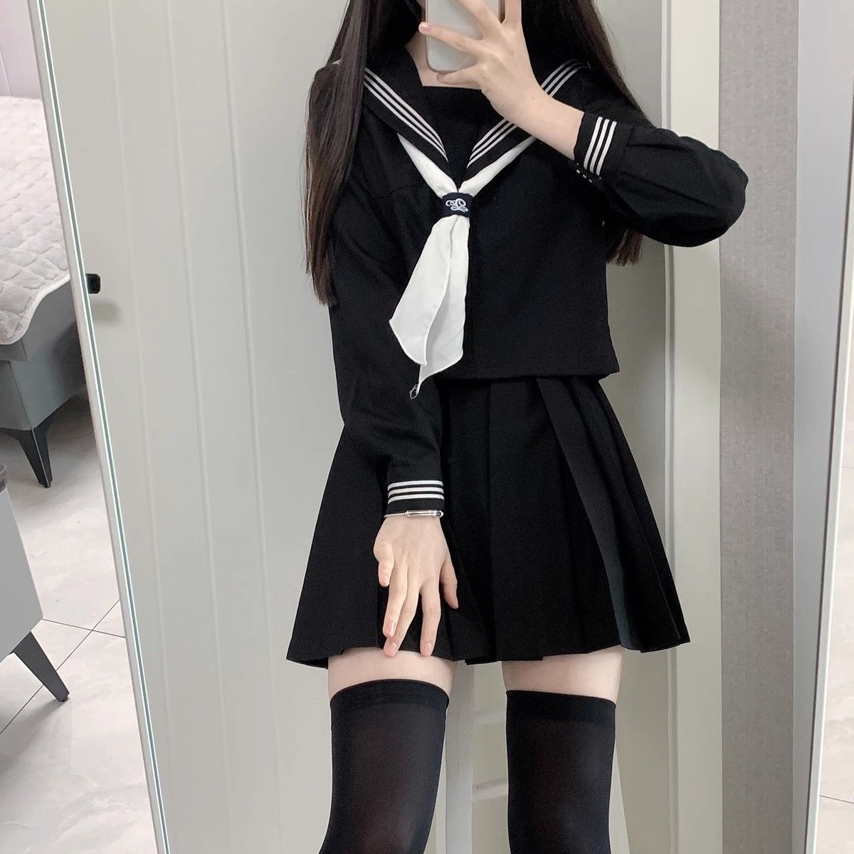 原创JK正统基础jk制服裙套装正版日系学生院黑三本中间水手服套装