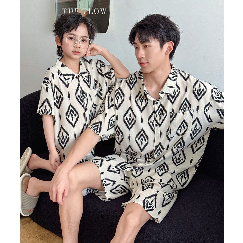 夏季父子装男款棉绸睡衣男童亲子薄款家居服空调服套装