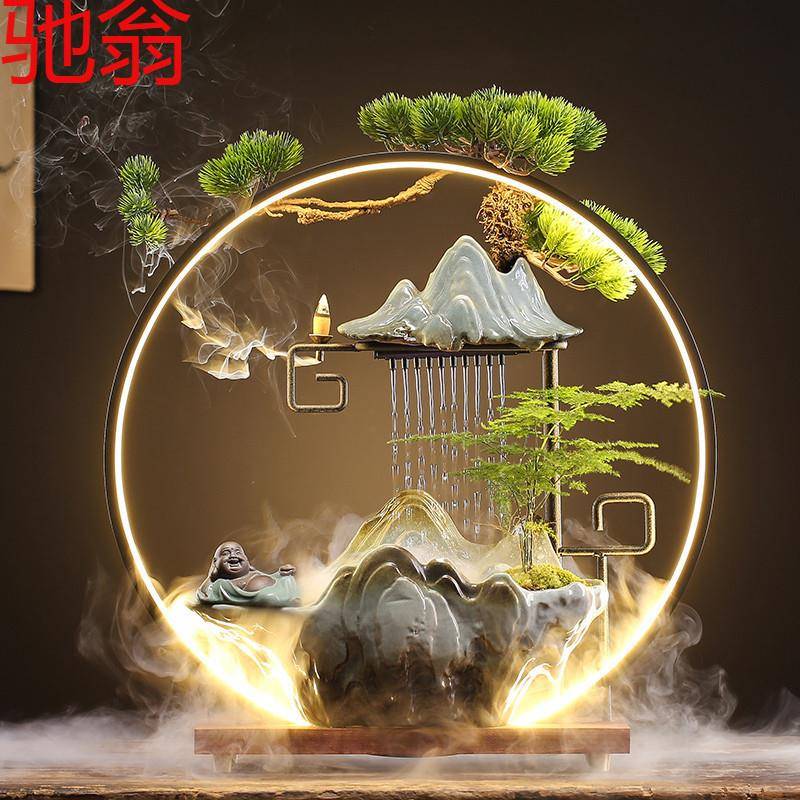 U3Q创意陶瓷循环招才流水喷泉加湿器家居客厅摆件